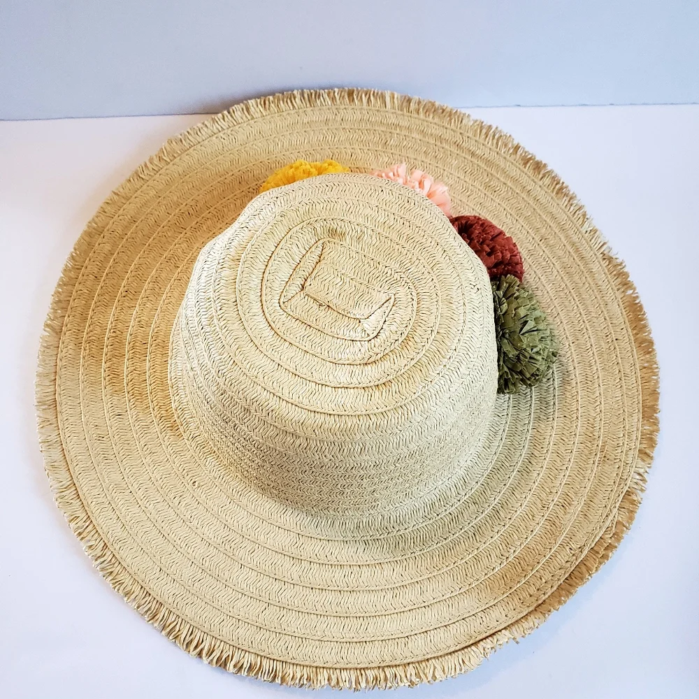 Tan and Green Wide-Brimmed Hat with Colorful Accents